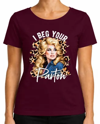 Zdjęcie produktu dla Koszulka damska "I Beg Your Parton" z motywem country, w stylu retro, z wizerunkiem Dolly Parton, kolor burgundowy, rozmiar S
