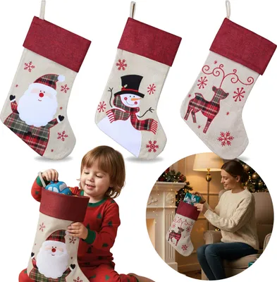 Obrázok produktu pre BEŽOVÁ, darčeková ponožka, VIANOČNÁ ponožka Santa, JUTOVÁ dekorácia na krb VEĽKÁ 40 cm – sada 3 kusov