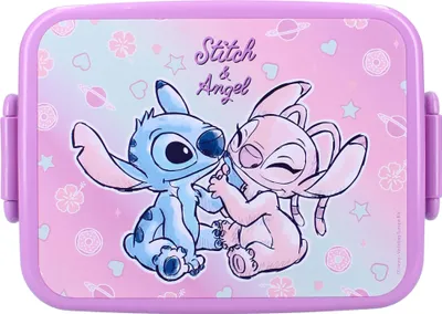 A lunchbox with Stitch and Angel characters from Disney's Lilo & Stitch.