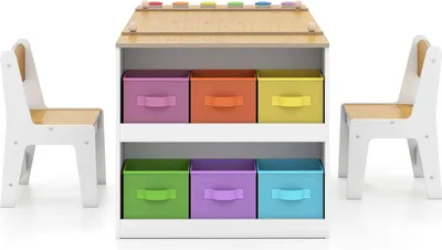 Immagine prodotto di Tavolino per bambini con 2 sedie - Tavolo attività 3 in 1 e cavalletto - Legno - Piano ribaltabile - Vaschetta per colori - Bianco