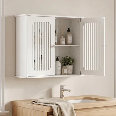 Productafbeelding van Wandkast voor de badkamer met dubbele deur en lamellenfront, wit, 60x20x52 cm
