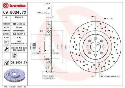 Produktbild von 2x BREMBO Bremsscheibe 09.8004.7X für FIAT GRANDE PUNTO (199) 45mm 305mm