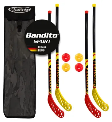 Produktbild von Bandito FunHockey Schlägerset inkl. Bälle und Tasche für Kinder, Floorball für Garten, Floorball Stick, Streethockey outdoor, Linkshänder, Rechtshänder, 4 Bälle, 4 Schläger, 1 Tasche