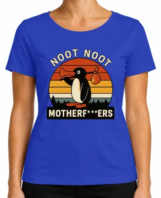 Zdjęcie produktu dla Noot Noot Motherf***ers Retro Penguin Sunset Vintage Ladies T-Shirt, Niebieski, S