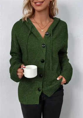 Produktbild von ASKSA Damen Langarm Grobstrickjacke Kordelzug Kurz Strickjacke Herbst Winter Strickmantel mit Kapuze, Armeegruen, M
