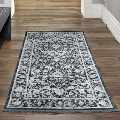 Produktbild von Moderner Teppich Wohnzimmer orientalisches Blumendesign in Grau auf schwarzem Hintergrund Größe - 80x150 cm
