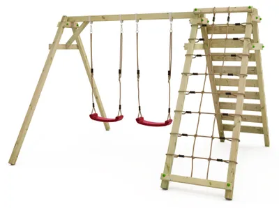 Image de Balançoire pour enfants Wickey Smart Cliff avec mur d'escalade et sièges de balançoire en rouge