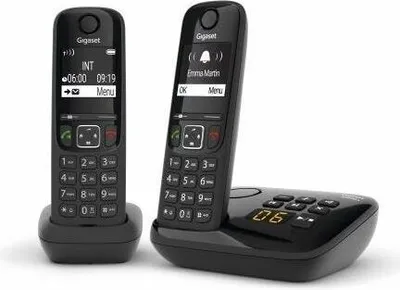 Two black Gigaset cordless phones are shown on a white background, one in a charging base.