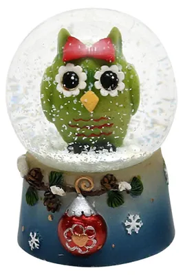 Schneekugel mit grüner Eule, Ø 4,5 cm, aus Harz