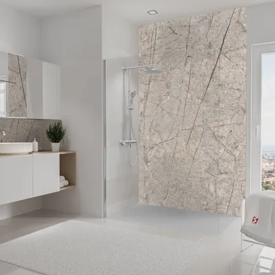 Produktbild von Schulte Duschrückwand Softtouch, 150x255 cm, Wandverkleidung Stein Marmor-Greige, Aluminiumverbundplatte, fugenloser Fliesenersatz, EP19015254-853