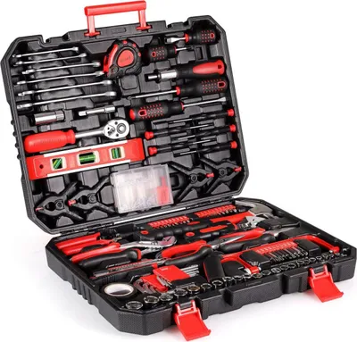 Produktbild von Werkzeugkoffer 198-teilig – Gefüllter Werkzeugkoffer mit Ratsche, Stecknüssen und Schraubendrehern – Handwerkzeug-Set für Haushalt und Autoreparatur – Rot
