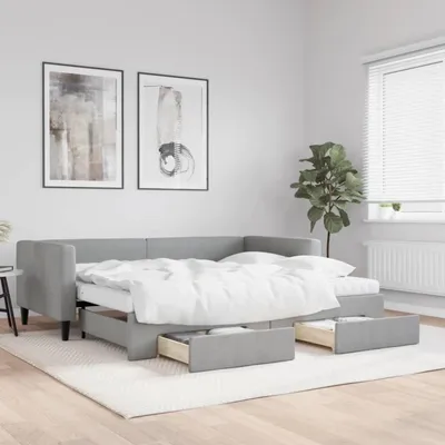 Image de Canapé-lit de jour, convertible, avec tiroirs, dimensions 90x190 cm, couleur gris clair, revêtement en tissu