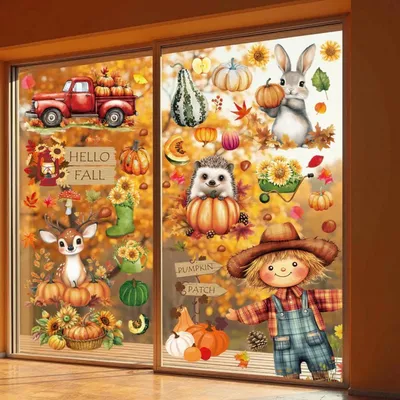 Productafbeelding van Herfstramen, Thanksgiving: 98 stuks raamdecoratie, stickers zonder lijm, esdoornbladeren, PVC