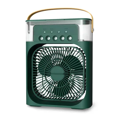 A portable USB fan, humidifier, and air cooler with an LED night light and water mist function.