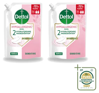 Image de 2 flacons recharge de savon pour les mains Dettol, hypoallergénique, pour peaux sensibles - 500 ml - Pack économique - 2 pièces