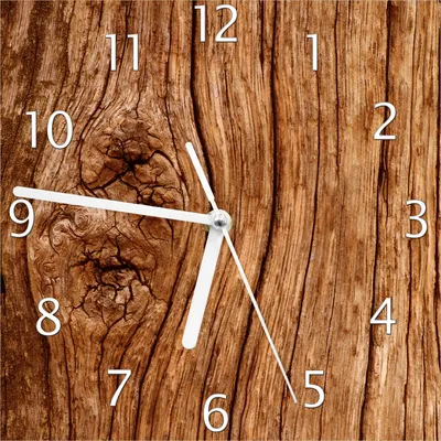 Produktbild von Wallario Design Wanduhr Holzstamm mit Asteinschluss aus Echtglas, Größe 20 x 20 cm