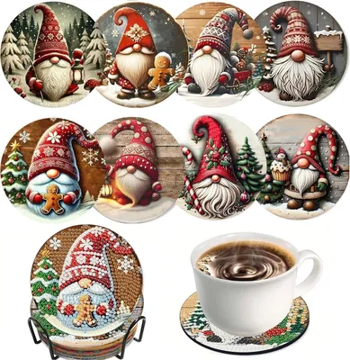 Image de Kit de peinture diamant sur le thème de Noël - Ensemble de 8 sous-verres avec support - Kit de peinture diamant 5D pour enfants et adultes