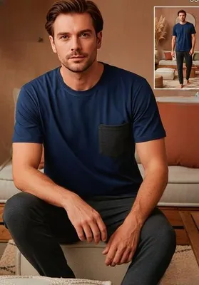 Produktbild von Herren Pyjama Schlafanzug Marineblau M Baumwolle Kurz C-75