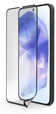 A screen protector is shown being applied to a smartphone.