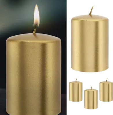 Produktbild von Stumpenkerze 4er Set gold rund Ø6,8x10cm Paraffin Dekokerze metallisch Blockkerze Wachskerze Brenndauer 40h
