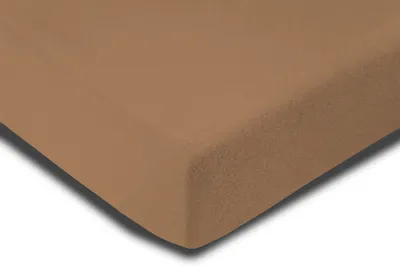 A close-up, angled view of a brown fitted sheet.