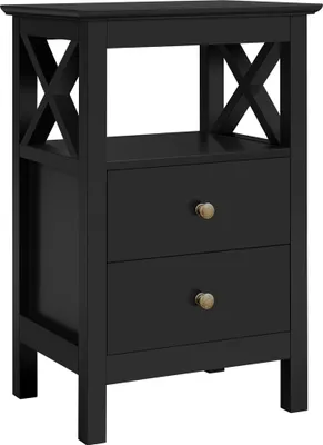 A black nightstand with two drawers and an open shelf.