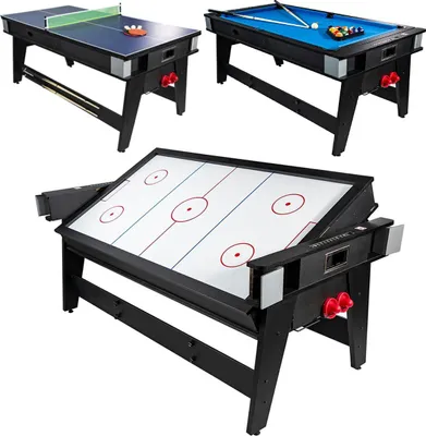 A collage of three different game tables: a ping pong table, a pool table, and an air hockey table.