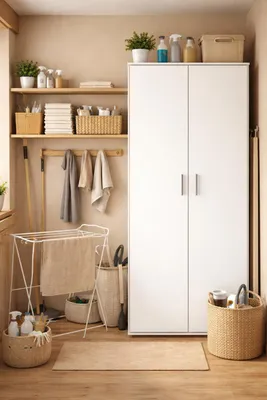 Produktbild von Happy Babies Utility-Schrank 60 cm | Weiß | Vorratsschrank für Staubsauger, Mopps & Reinigungsmittel | 176 cm hoch – Laminierte 16 mm Platte, ABS