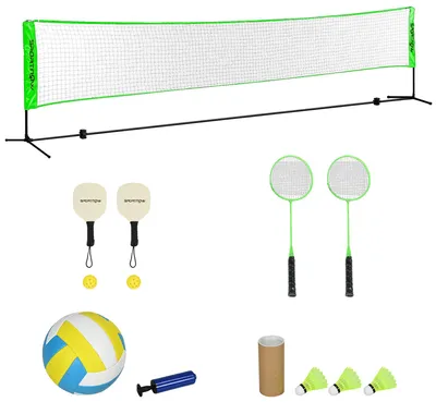 Produktbild von SPORTNOW Badminton Set, Badmintonnetz mit Ständer Federbällen 4 Schlägern, Stahl