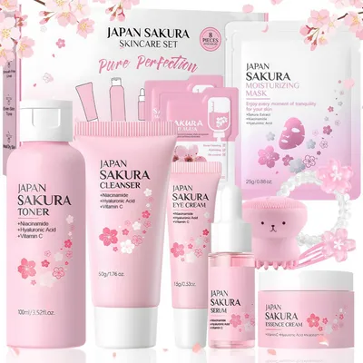 Obrázek produktu pro Sada kosmetiky pro péči o pleť pro ženy, 12 kusů, růžová barva. Obsahuje: čisticí přípravek, tonikum, krém, sérum, štětec
