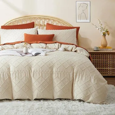Zdjęcie produktu dla Zestaw pościeli w stylu bohemy, dwustronny, z geometrycznym wzorem i przetarciami, 200 x 220 cm