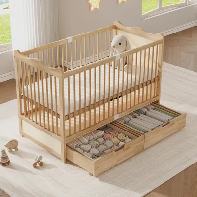 Produktbild von Flieks Gitterbett Babybett 70x140cm mit 2 Schubladen, Beistellbett Holzbett höhenverstellbar, Nebenbett Kinderbett mit Lattenrost, Naturbelassen