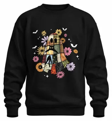 Immagine prodotto di Halloween Ghost Patchwork Cat Flowers Autumn Vintage Boho Stars Unisex Felpa Pullover, Nero, XXL