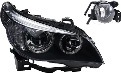 Zdjęcie produktu dla Reflektory pasujące do BMW serii 5 (E60, E61) w latach produkcji 01/2005-03/2007, typ żarówek: D1S, H7, oraz światła przeciwmgielne. Numery części: 63127160194, 63116933176, 63127165568, 6933176, 7160194, 7165568, 63 Johns
