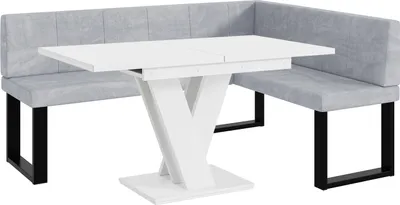 Produktbild von MEBLINI Eckbank für Esszimmer mit ausziehbarem Tisch  - Küchenbank - Essecke - Sitzecke Küche - PETER - U-Beine 128x168x87cm Rechts - Hellgrau Samt/M Weiß Matt