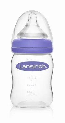 A clear studio shot of a Lansinoh baby bottle.