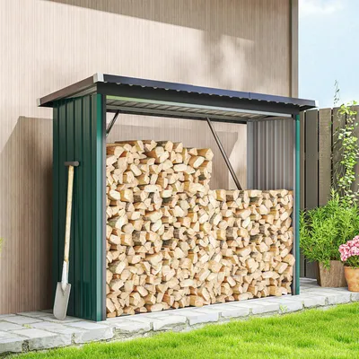 Produktbild von Brennholzschuppen Stahl, Feuerholzunterstand, verzinkter Stahl, erhöhter Boden, Grün | 213x66,5x150 cm | Schrägdach | 17 kg