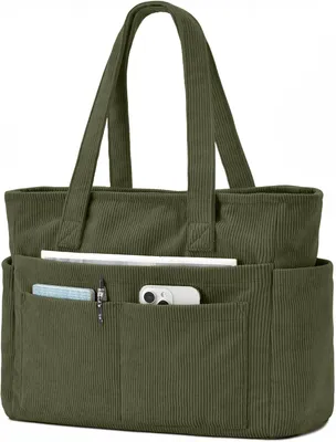 Zdjęcie produktu dla Torba corduroy, duży shopper, 13 kieszeni, przegroda na laptopa, zamek błyskawiczny, do szkoły