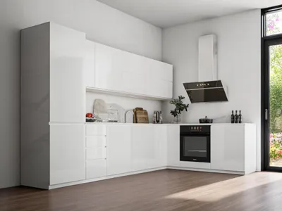 Produktbild von Winkelküche – Eckküche – Küchenzeile L-Form – Komplettküche – Küchenzeile – Velmora – K54-G330 L – 330 x 210 cm – Weiß Hochglanz Ohne Arbeitsplatte