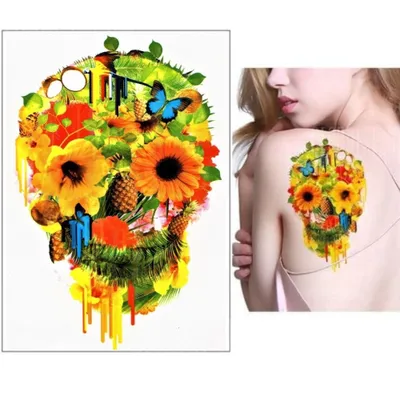 Produktbild von Temporäres Tattoo Totenkopf Blume Bunt Tropen Design Temporary Klebetattoo Körperkunst