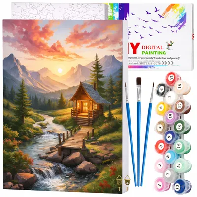 Image de EDIBAZZAR | Peinture par numéros avec cadre, tableau sur toile de 40 x 50 cm, cabane dans les montagnes