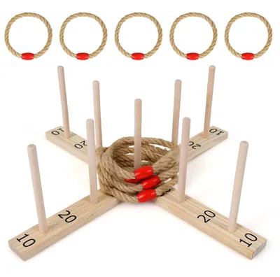 Productafbeelding van COSTWAY Ringwerpspel met 5 touwringen en 9 houten stokken, geschikt voor kinderen en volwassenen. Houten werpspel, draagbaar werpspel, eenvoudige opstelling zonder gereedschap, natuurlijke materialen