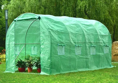 A green greenhouse with plants inside, set up on a lawn with trees in the background.