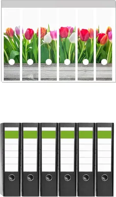 Produktbild von Wallario 6 Stück breite Ordner inkl. Klebeetiketten mit Motive Rote  weiße und pinke Tulpen im Frühling -  Set mit Rückenschildern / Ordnerrücken Stickern