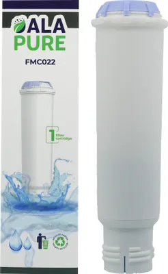 A water filter cartridge and its packaging are shown against a white background.