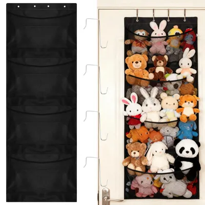 Image de Armoire de rangement pour peluches avec 4 grands compartiments, une porte et un organiseur suspendu, pour la chambre d'enfant, la chambre à coucher, la salle de bains, la chambre de bébé (noir)