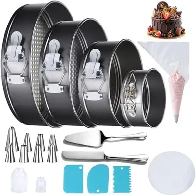 Produktbild von 139 Teilig Springform Set - Antihaftbeschichtete, 4 Kuchenform (11/18/23/26cm) + Zubehör zum Dekorieren von Kuchen: Backpapier, Spritzbeutel und Spritztüllen, Teigschaber, Kuchenschneideset