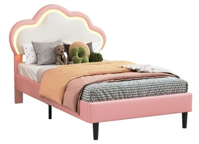Obrázok produktu pre Detská posteľ Moonbite, rozmery 90x200 cm, dizajn s motívom oblakov, ružová farba, umelá koža s LED osvetlením, čalúnená opierka na čítanie a relaxáciu