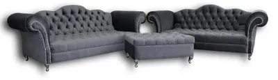 Obrázek produktu pro Designová sedací souprava Chesterfield 4+3 s podnožkou, pohovka s textilním čalouněním