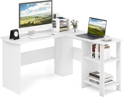 A white L-shaped desk with a computer monitor, laptop, and books.